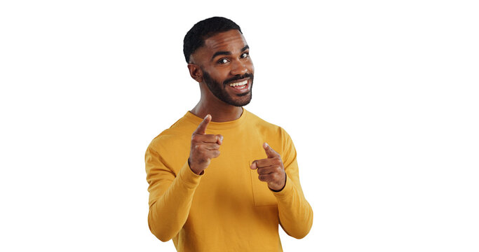 Isolated black man, portrait and point at you for recruitment, choice and welcome by transparent png background. Person, hands and sign for decision, feedback and invitation with smile for promotion