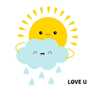 Love you. Sun holding cloud icon. Heart water drops, rays. Cute kawaii face. Cartoon funny smiling baby character. Good morning. Hello summer. Sunshine. Flat design. White sky background.