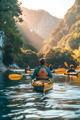 Group kayaking together.Relax in nature concept