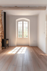 Obraz premium Empty room with bright light and a fireplace. Natural texture and minimalist interior design.