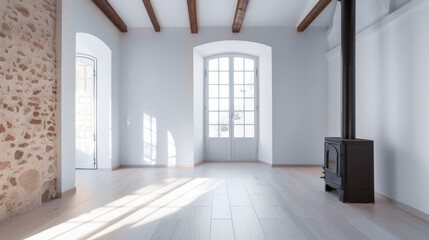 Empty room with bright light and a fireplace. Natural texture and minimalist interior design.
