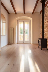 Empty room with bright light and a fireplace. Natural texture and minimalist interior design.