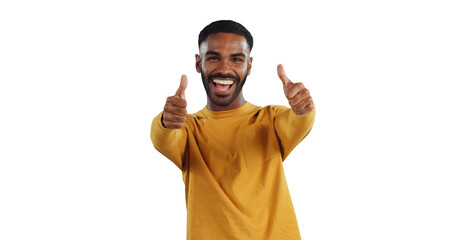 Happy man, portrait and thumbs up for winning, celebration or success on a transparent PNG...