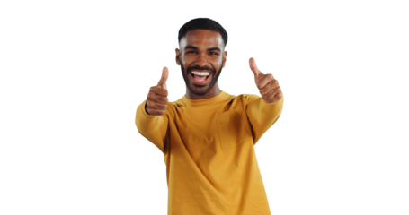 Happy man, portrait and thumbs up for winning, celebration or success on a transparent PNG background. Smile or young male person with like emoji, yes sign or OK for thank you, positivity or good job
