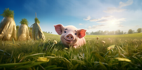 petit cochon heureux tout rose, de face qui sourit, dans le style dessin animé cartoon, dans une prairie avec des mottes de foin et un paysage ensoleillé. - obrazy, fototapety, plakaty