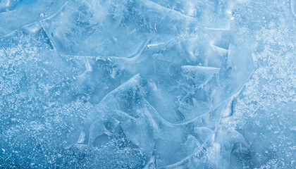 Natural ice background. Beautiful Nature Delicate icy texture close-up. Winter Light blue Panoramic header with frost patter