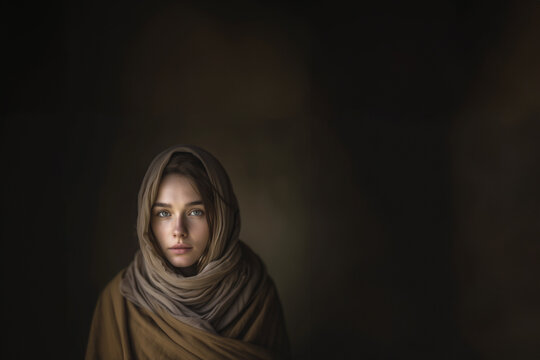 portrait de femme biblique avec la t&ecirc;te voil&eacute;e humblement habill&eacute;e sur un fond sombre avec espace n&eacute;gatif pour texte copyspace
