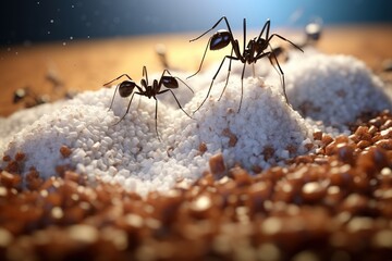 Ants Exploring Sugar Crystals and Grains. 
