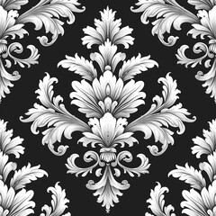 motif floral vectoriel : Art au trait noir sans couture motif de damas baroque noir et blanc avec ornement vintage, parfait pour le textile, le papier peint et le design de mode - obrazy, fototapety, plakaty