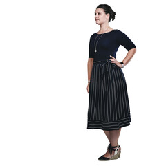 Thinking, business and woman with ideas, fashion designer or professional isolated on transparent background. Png, person or entrepreneur with problem solving or planning with stylish outfit or model