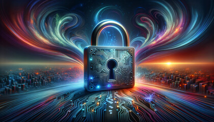 Cybersecurity risks: Surreal padlock with digital cracks and abstract psychic waves.