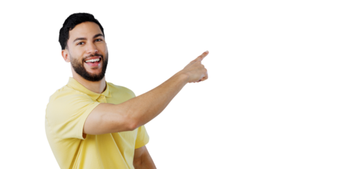 Portrait, man or smile with advertising presentation for information, deal or news about us for creative company. Happy, indian person or show with hand gesture isolated on png transparent background