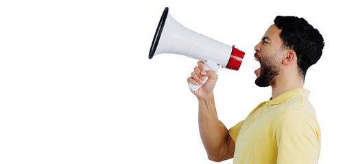 Man, anger and megaphone with speaker for protest with shouting, rally and call to action announcement. Person, angry and voice for justice with speech and news isolated on png transparent background
