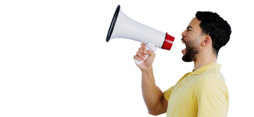 Man, anger and megaphone with speaker for protest with shouting, rally and call to action announcement. Person, angry and voice for justice with speech and news isolated on png transparent background