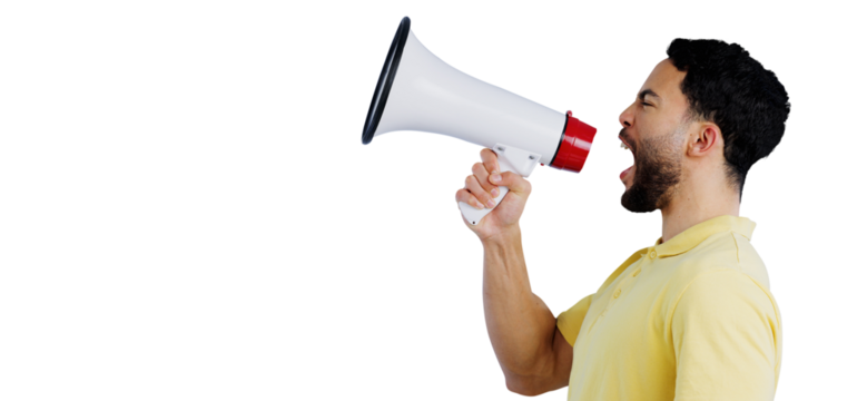 Man, anger and megaphone with speaker for protest with shouting, rally and call to action announcement. Person, angry and voice for justice with speech and news isolated on png transparent background