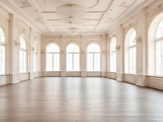 Big Empty room in light colours design, big windows, vintage style design. Empty banquet hall with a parquet floor design. - obrazy, fototapety, plakaty
