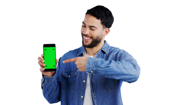 Happy, man or pointing to phone with green screen for advertising presentation, mockup space and coming soon. Smile, indian influencer or show with hand gesture isolated on png transparent background