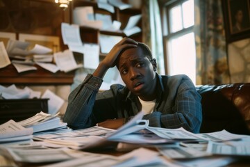 Stressed young man with bills and paperwork at home