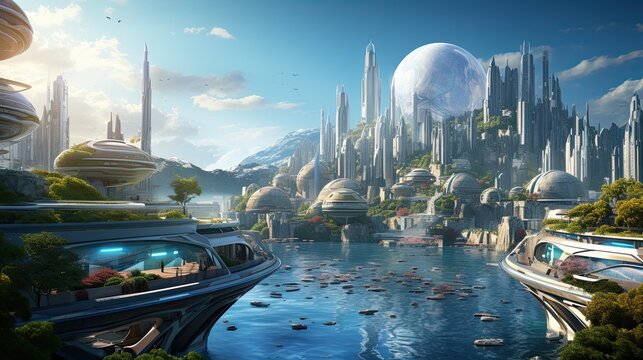 Landscape a futuristic city floating or standing at the bottom of the sea, with infrastructure, and transportation.