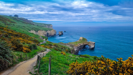 The landscape view with Scenic of Tunnel beach, Dunedin, South island of New Zealand