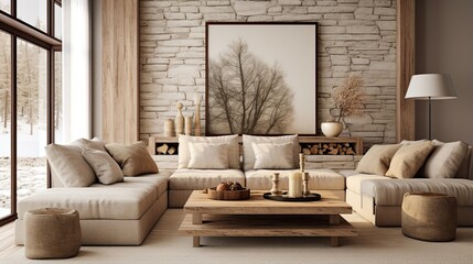 Beige corner sofa in room. Interior design of modern living room.