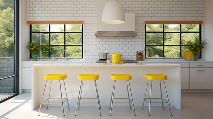 A minimalist kitchen with floor-to-ceiling windows, a white subway tile backsplash, and vibrant yellow bar stools.