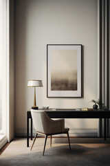 An elegant office setting focusing on simplicity, with a solitary blank white frame against a backdrop of sophisticated, muted tones, radiating refinement.
