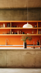 A minimalist kitchen with light wood cabinets, concrete countertops, and a splash of vibrant orange on the walls.