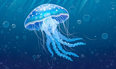 Fototapeta premium A jellyfish floating in the water with a blue background, Generative AI