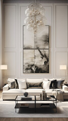 An elegant Scandinavian living room with high ceilings, adorned with a statement chandelier and luxurious furnishings. 