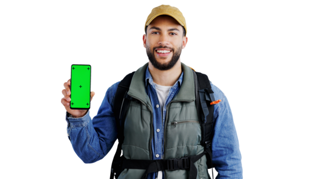 Green screen, phone and portrait of hiking man with mockup on isolated, transparent or png background. Smartphone, space or face of male backpacker with sign up steps, guide or safari tour app promo