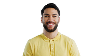 Smile, happy and portrait of man with fashion, casual style and confidence on transparent...