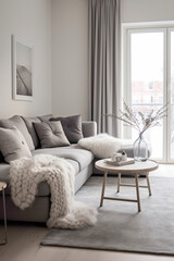 An elegant Scandinavian living area with a monochromatic color scheme, emphasizing simplicity and sophistication.