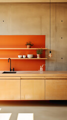 A minimalist kitchen with light wood cabinets, concrete countertops, and a splash of vibrant orange on the walls.