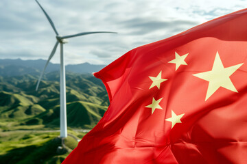 Chinese flag combined with wind turbines, eco friendly energy supply power house - Generative AI	
