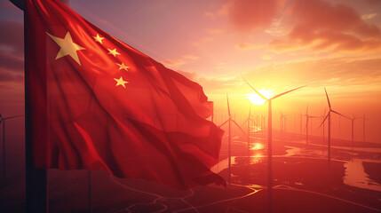 Chinese flag combined with a landscape filled with wind turbines - Generative AI