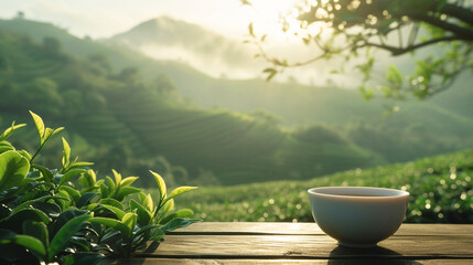 morning in the valley, tea plantation. Generative Ai.