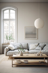 An elegant Scandinavian living area with a monochromatic color scheme, emphasizing simplicity and sophistication.