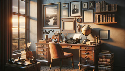 Vintage-inspired home office with antique wooden desk, typewriter, and serene landscape.