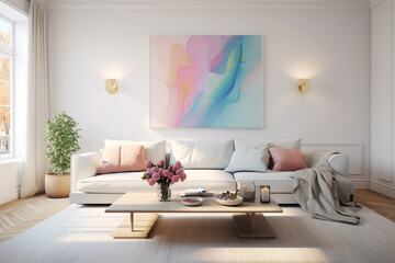 An elegantly simple living space featuring a cozy white sofa, complemented by subtle pastel accents and contemporary artwork