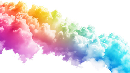 Fototapeta premium rainbow colored fluffy clouds floating with plain white background. Generative Ai.