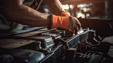 Technician Hands of car mechanic working repair in auto repair Service and Maintenance. - obrazy, fototapety, plakaty
