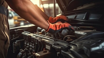 Fototapeta na wymiar Technician Hands of car mechanic working repair in auto repair Service and Maintenance.