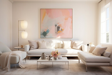 An elegantly simple living space featuring a cozy white sofa, complemented by subtle pastel accents and contemporary artwork
