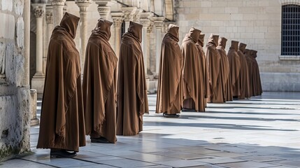 Cloistered monks standing in the courtyard of a convent, dressed in robes and hoods - obrazy, fototapety, plakaty