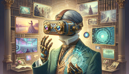 Vintage VR Headset: A Tranquil Blend of Past and Future in a Dreamy Digital Landscape