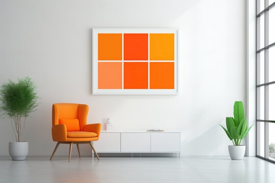 An HD-captured image portraying an office interior with a blank white empty frame, minimalistic appeal, mockup design, and a beautiful fusion of simple, colorful accents.