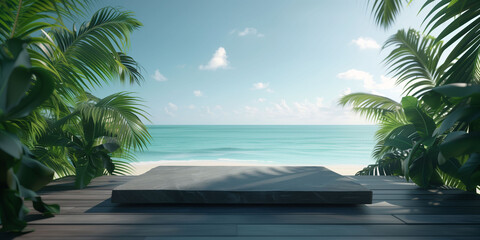 Empty black marble product display podium with sea and palm tree background. - obrazy, fototapety, plakaty