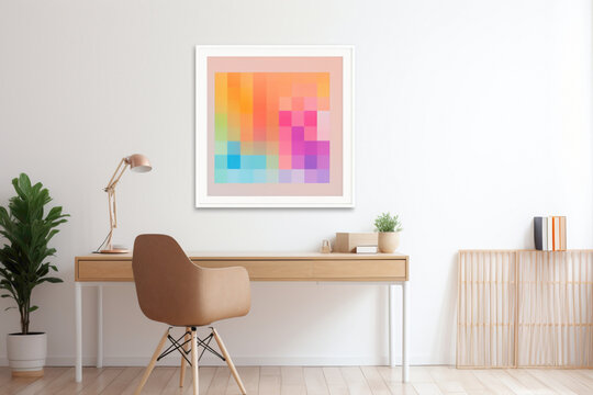 An HD-captured image showcasing an office interior with a blank white frame, minimalistic aesthetics, mockup style, and a palette of simple yet vibrant colors.