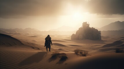 Fototapeta na wymiar Lone person in a vast desert. Generative AI